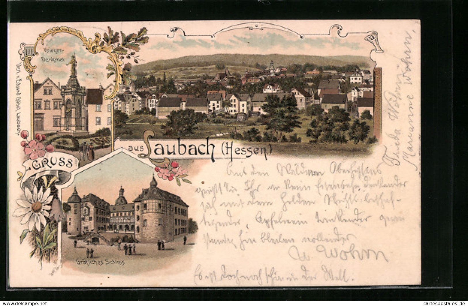 Lithographie Laubach I. H., Kriegerdenkmal, Gräfliches Schloss, Totalansicht Aus Der Vogelschau  - Laubach