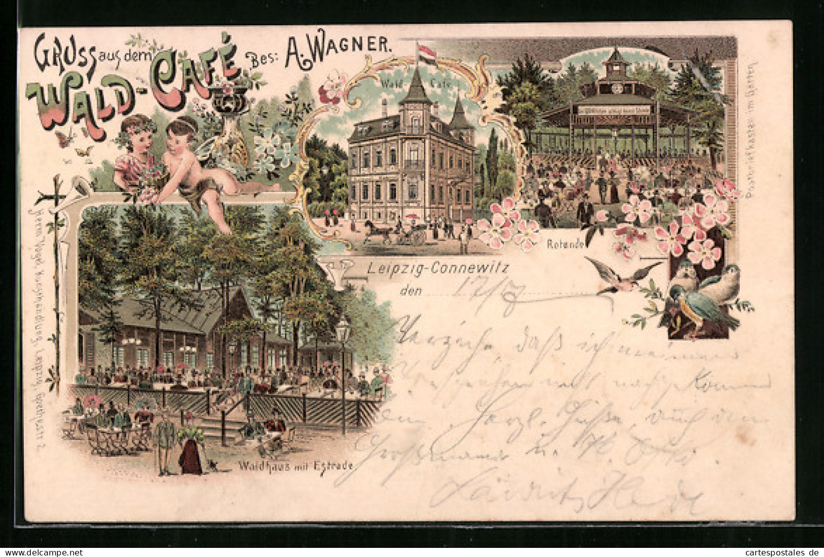 Lithographie Leipzig-Connewitz, Wald-Cafe Von A. Wagner, Waldhaus Mit Estrade  - Leipzig