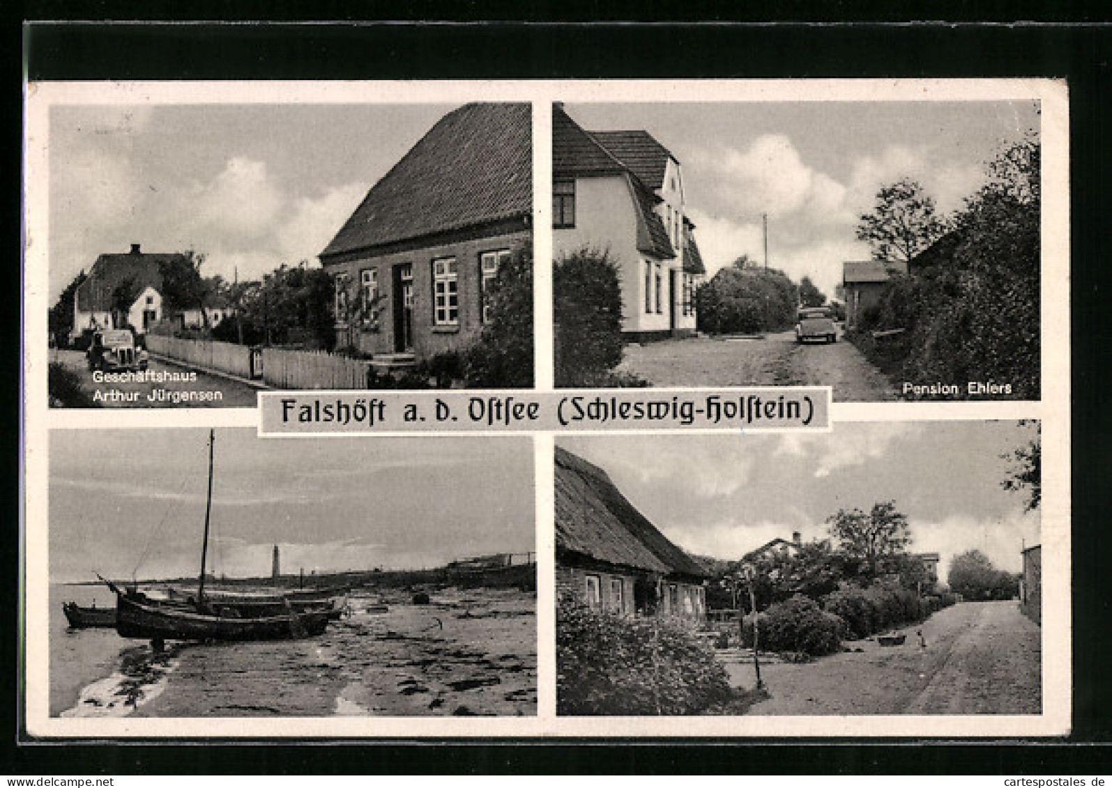 AK Falshöft A. D. Ostsee, Geschäftshaus Arthur Jürgensen, Pension Ehlers, Strandpartie  - Autres & Non Classés