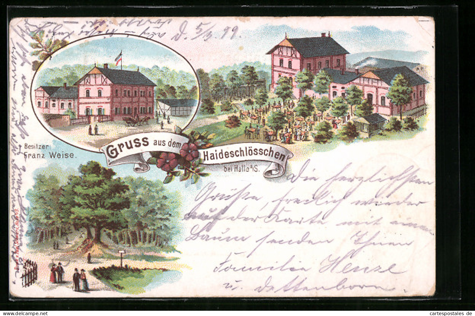 Lithographie Halle A. S., Gasthaus Haideschlösschen, Garten, Waldpartie  - Andere & Zonder Classificatie