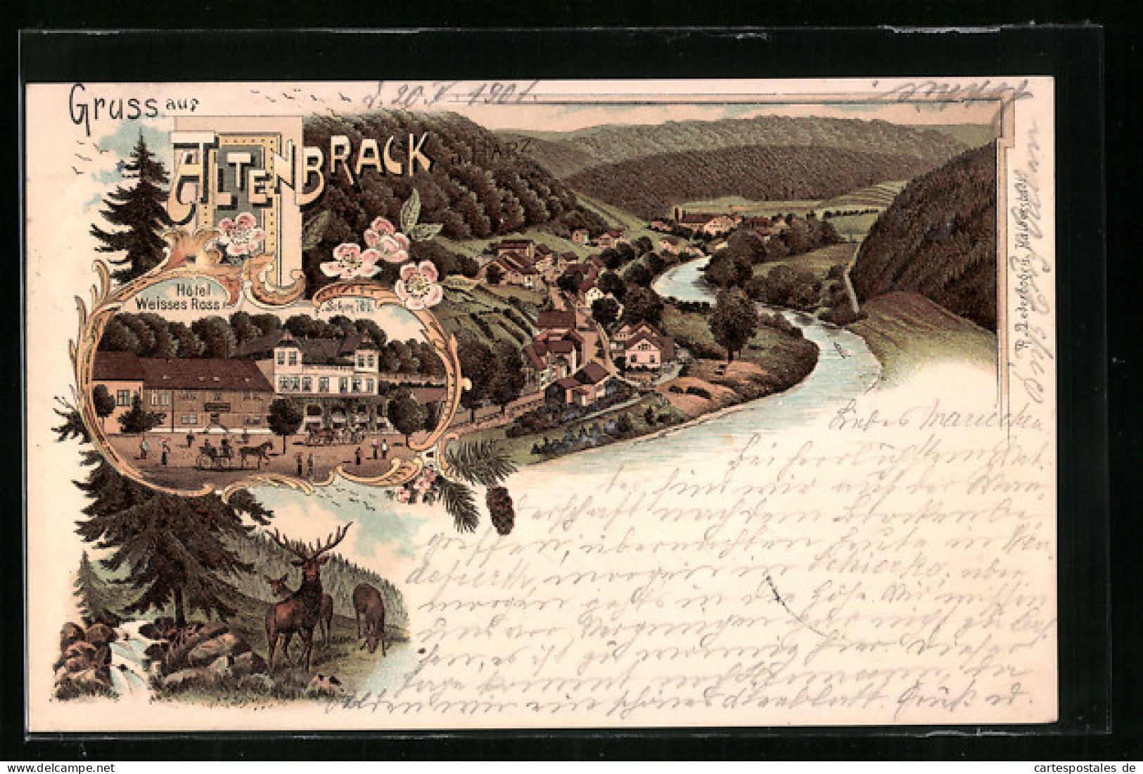 Lithographie Altenbrack A. Harz, Hotel Weisses Ross, Teilansicht, Hirsch Und Rehe  - Andere & Zonder Classificatie