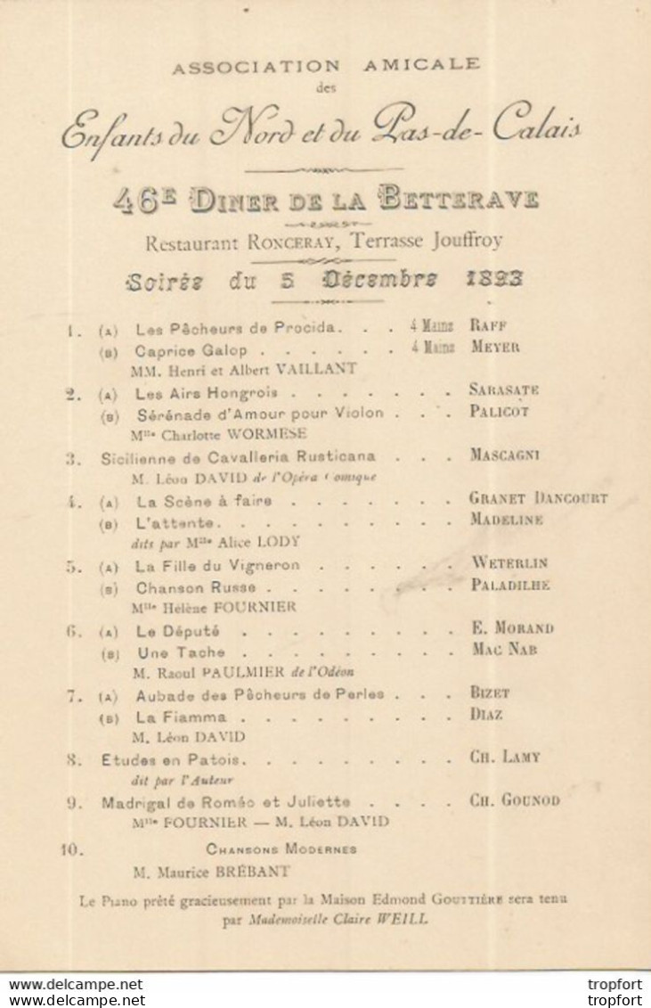 JU / PROGRAMME Affichette Nord Pas De CALAIS DINER BETTERAVE 1893 Musique RESTAURANT RONCERAY - Programas