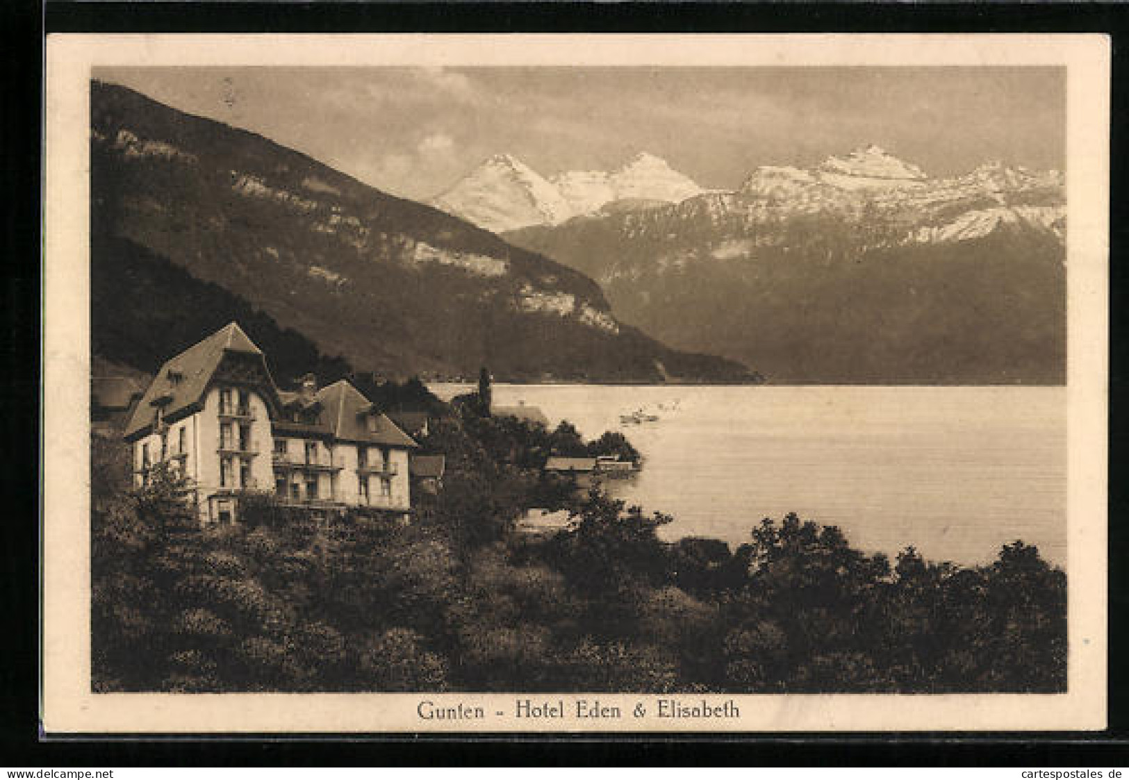 AK Gunten, Hotel Eden Und Elisabeth, Blick Auf Das Gebirge  - Autres & Non Classés