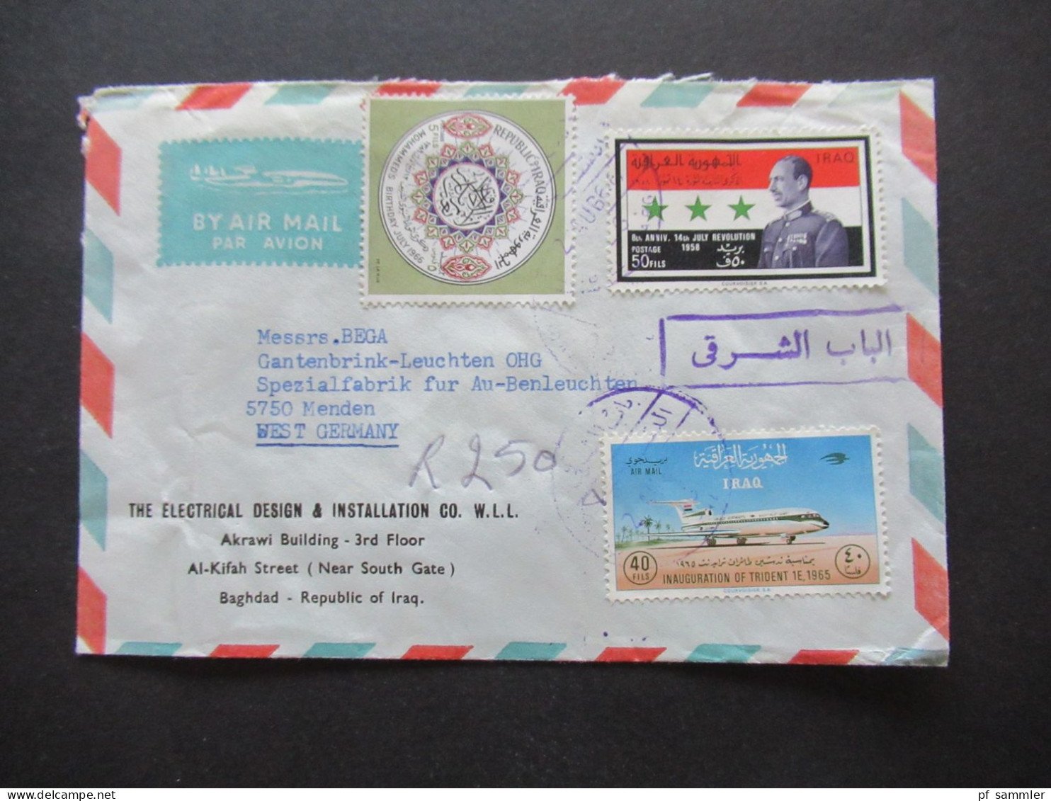 Irak / Iraq 1966 By Air Mail Baghdad - Menden Umschlag The Elecrical Design & Installlation Co. Akrawi Building - Irak