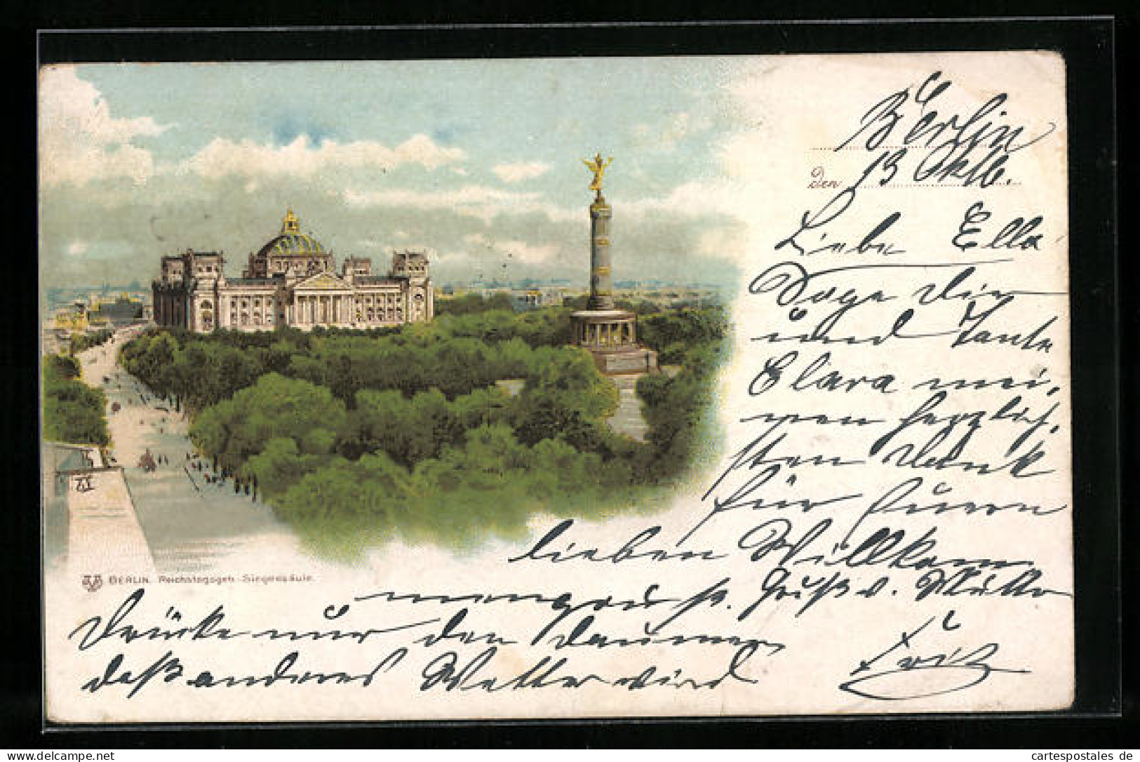 Lithographie Berlin, Blick Auf Reichstagsgebäude Und Siegessäule  - Tiergarten