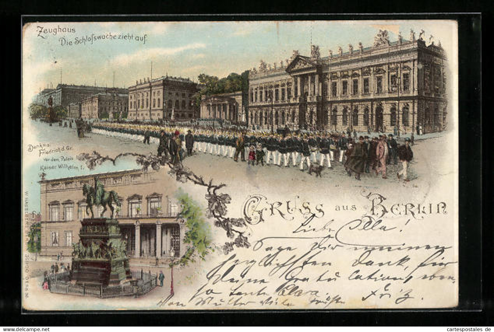 Lithographie Berlin, Zeughaus Mit Aufziehender Schlosswache, Denkmal Friedr. D. Gr. Vor Dem Palais  - Mitte