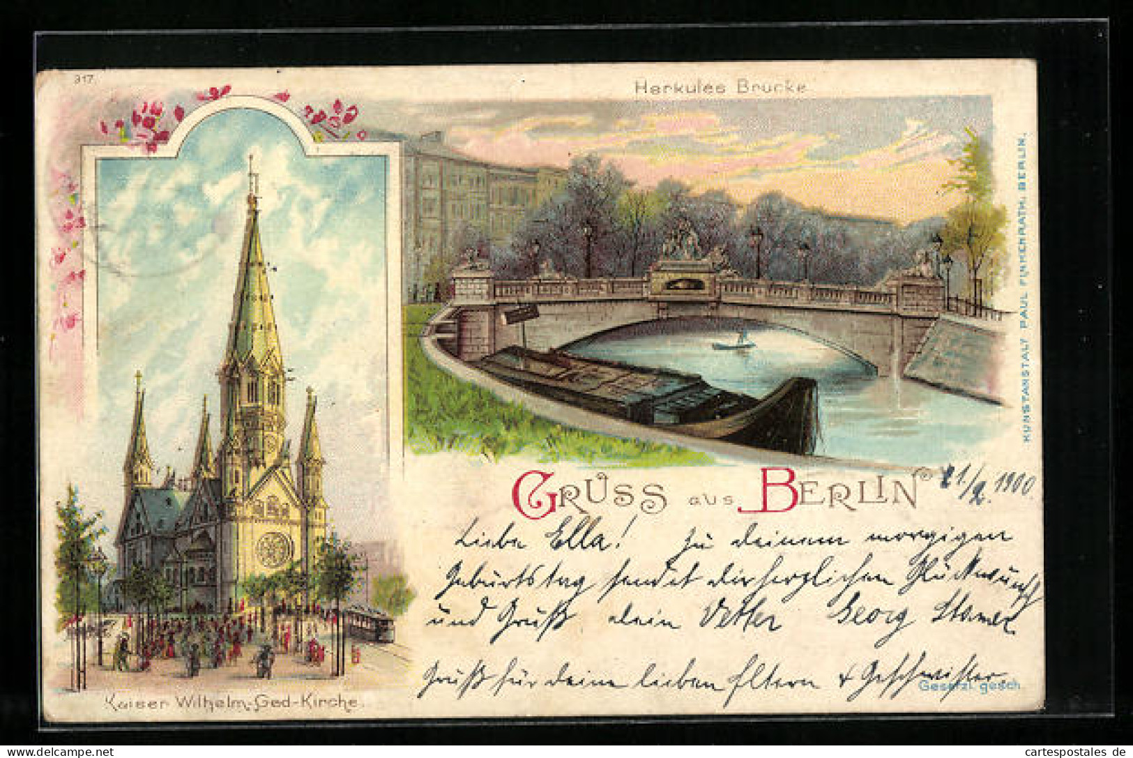Lithographie Berlin, Herkules Brücke, Kaiser Wilhelm Gedächtnis-Kirche  - Charlottenburg
