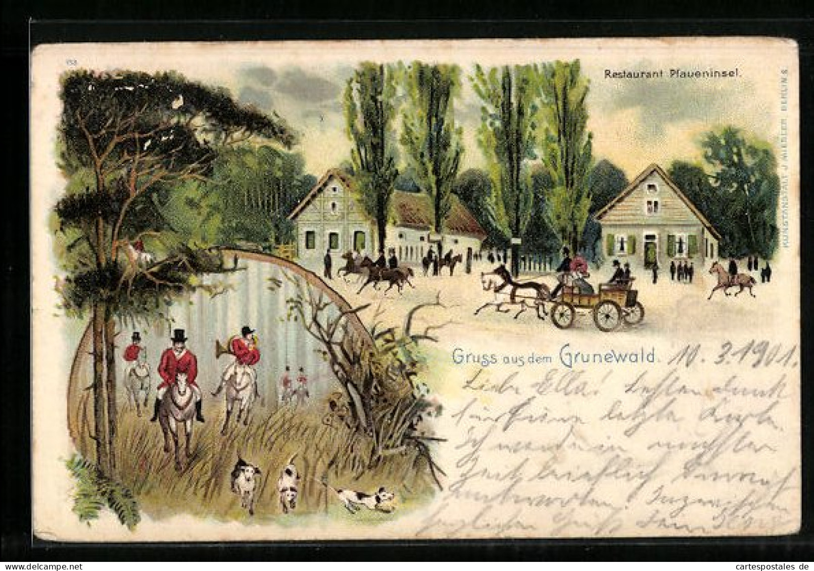 Lithographie Berlin-Grunewald, Restaurant Pfaueninsel, Jagdszene  - Grunewald