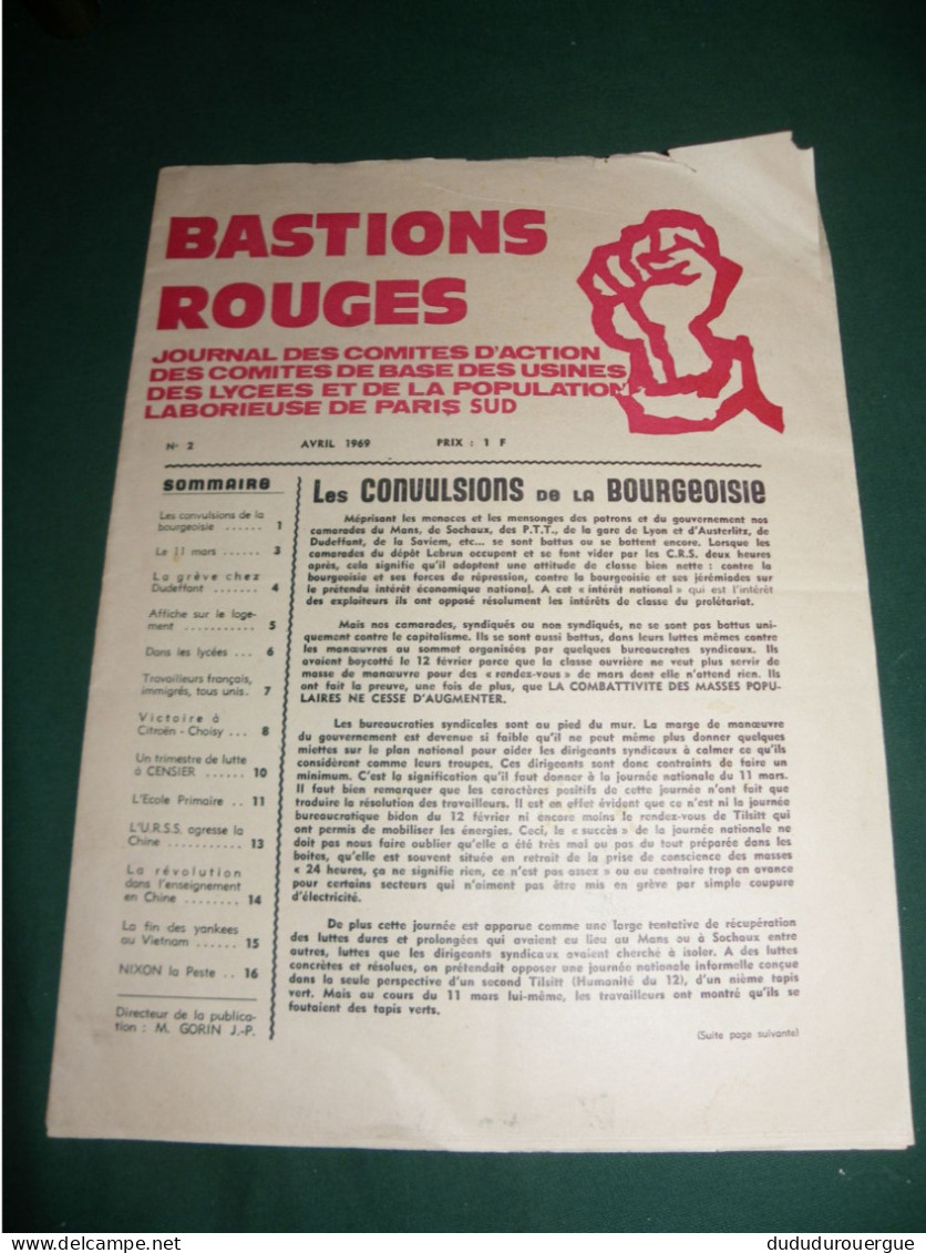 APRES MAI 1968 : " BASTIONS ROUGES " JOURNAL DES COMITES D ACTIONS ...... DE PARIS SUD , LE N° 2 D AVRIL 1969 - Desde 1950