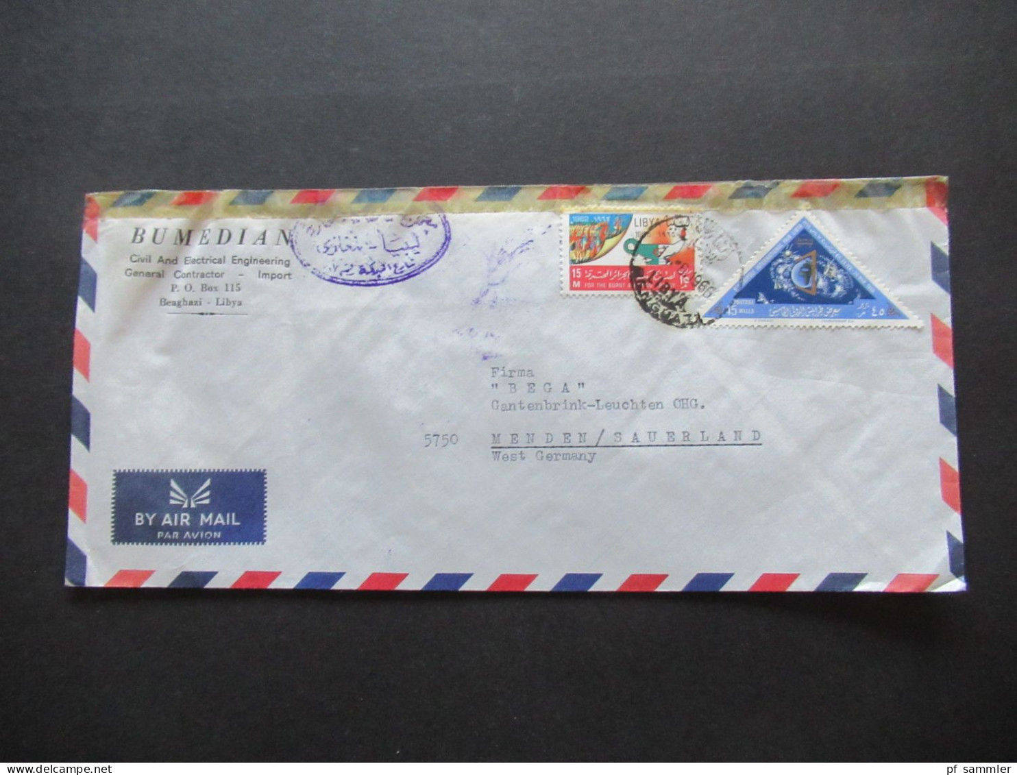 Afrika 1966 Libya Air Mail Mit Dreieckmarke Und Violetter Stempel Bumedian Benghazi Libya Nach Menden Gesendet - Libia