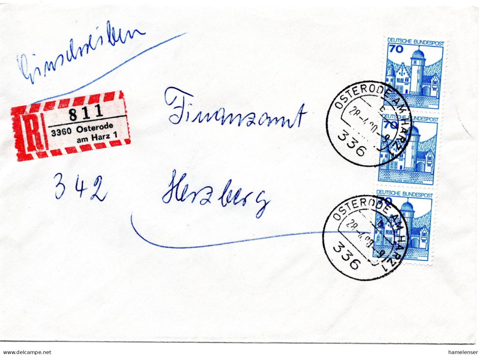 64328 - Bund - 1980 - 3@70Pfg B&S A R-Bf OSTERODE -> Herzberg (ans Viehnanzamt) - Storia Postale