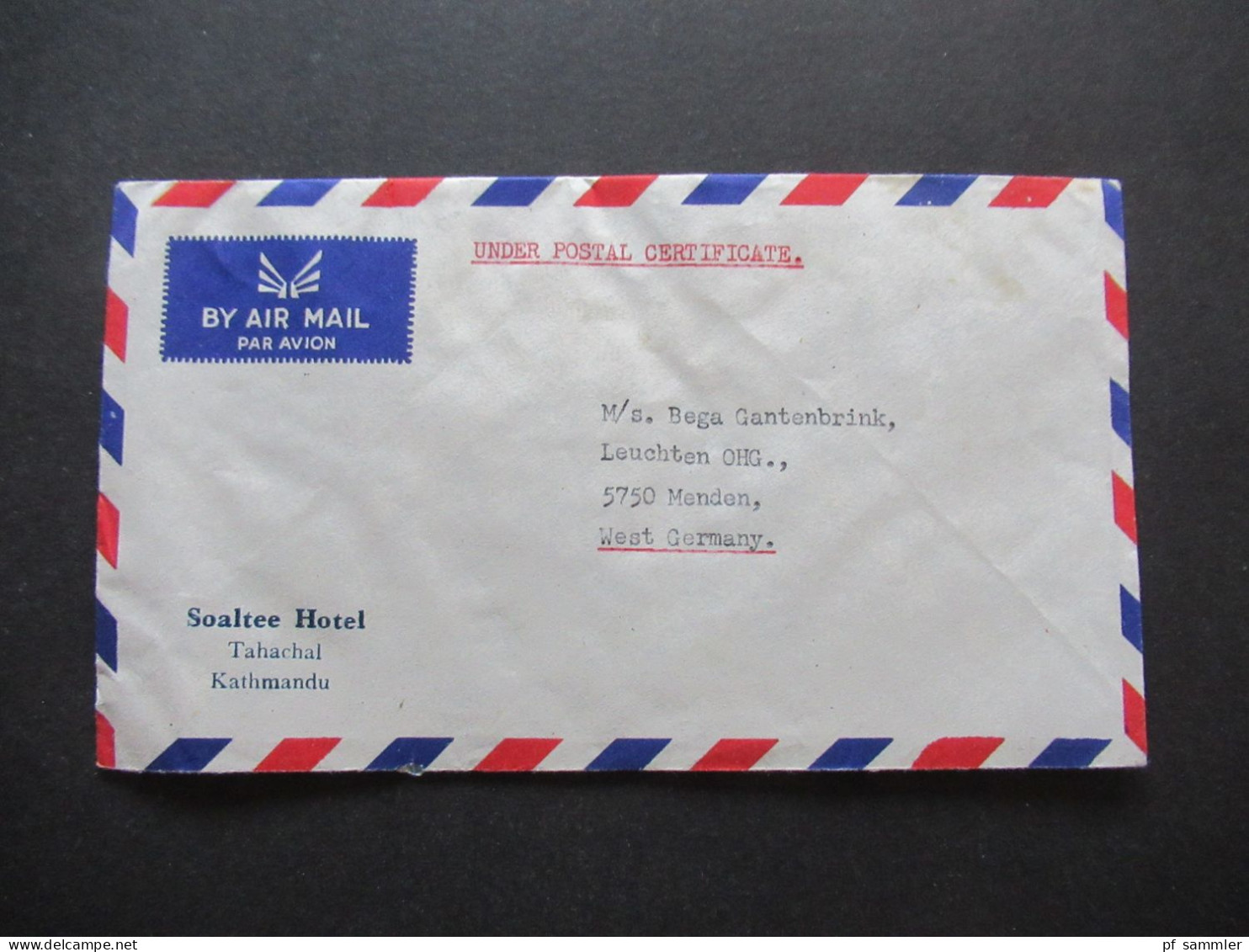 Asien Nepal Air Mail Luftpost Kathmandu GPO 1964 Umschlag Soaltee Hotel Tahachal Kathmandu / Under Postal Certificate - Népal