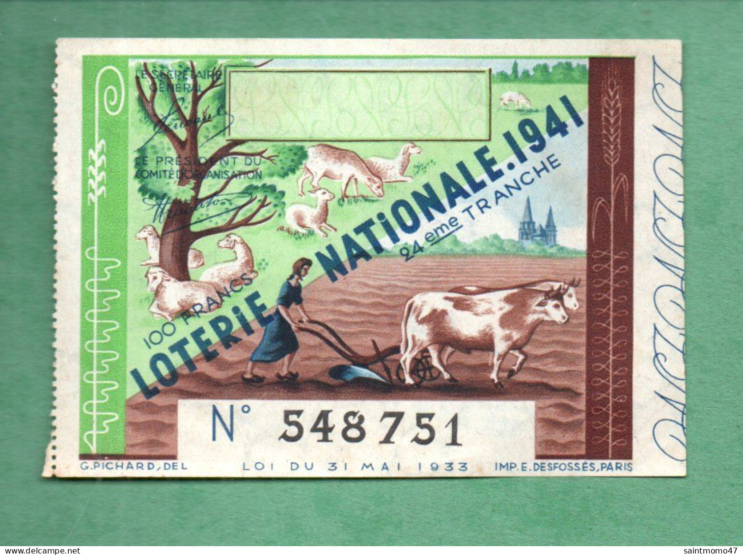 FRANCE . LOTERIE NATIONALE 1941 - Ref. N°13011 - - Billets De Loterie