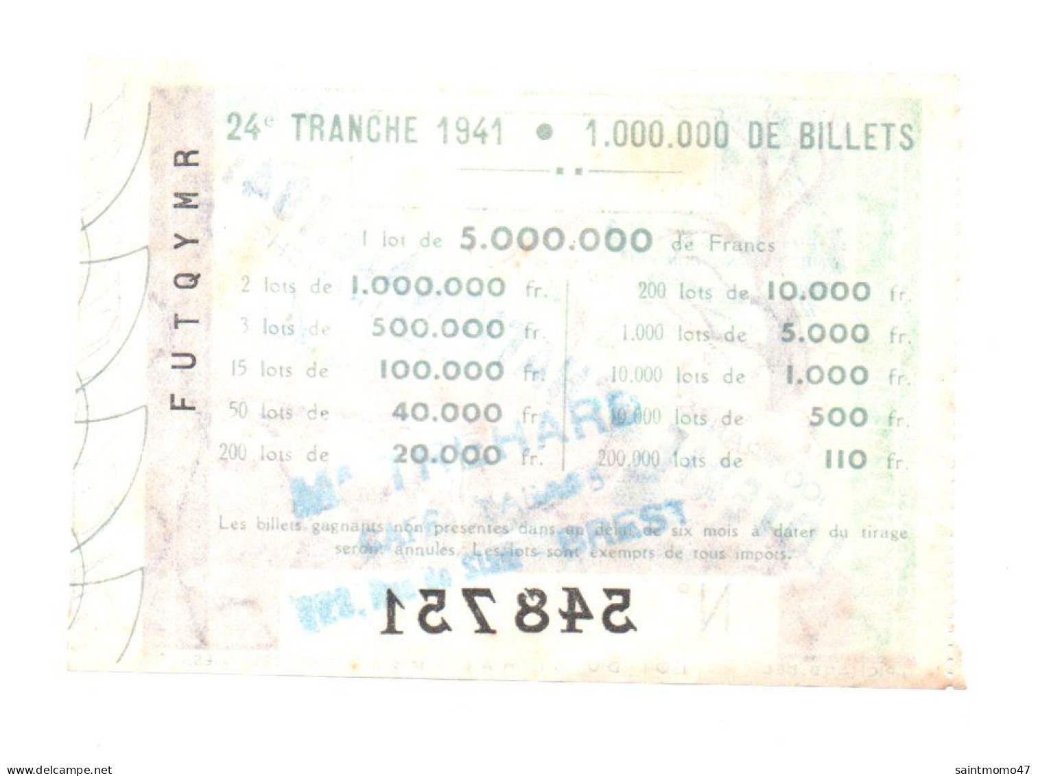 FRANCE . LOTERIE NATIONALE 1941 - Ref. N°13011 - - Billets De Loterie