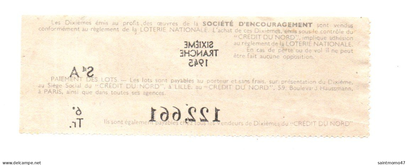 FRANCE . LOTERIE NATIONALE . " SOCIÉTÉ D'ENCOURAGEMENT " . 1945 - Ref. N°13015 - - Billets De Loterie