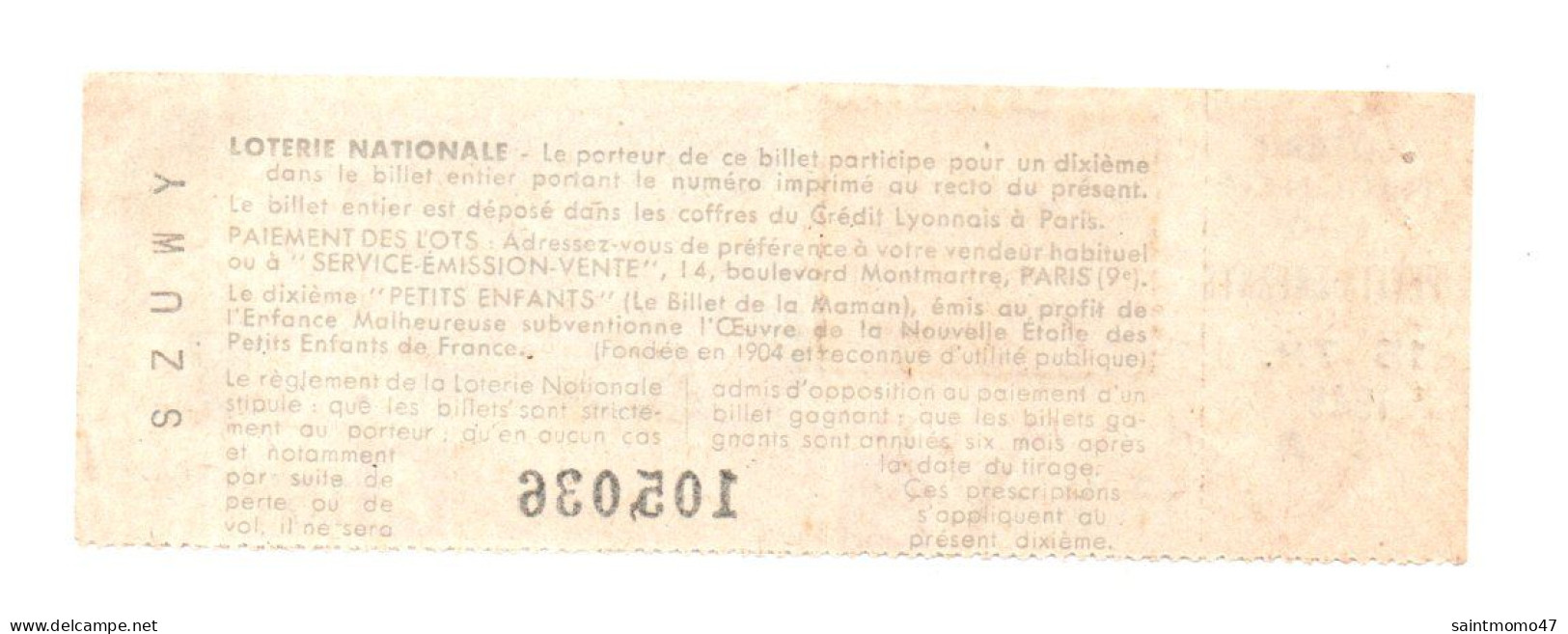 FRANCE . LOTERIE NATIONALE . " ENFANCE MALHEUREUSE " . 1945 - Ref. N°13016 - - Billets De Loterie