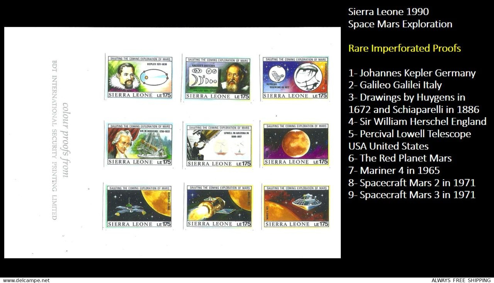 1990 Sierra Leone Space Kepler Galilei Huygens Schiaparelli Herschel Lowell Telescope Rare Imperf Proof Essay Trial MNH - Collections