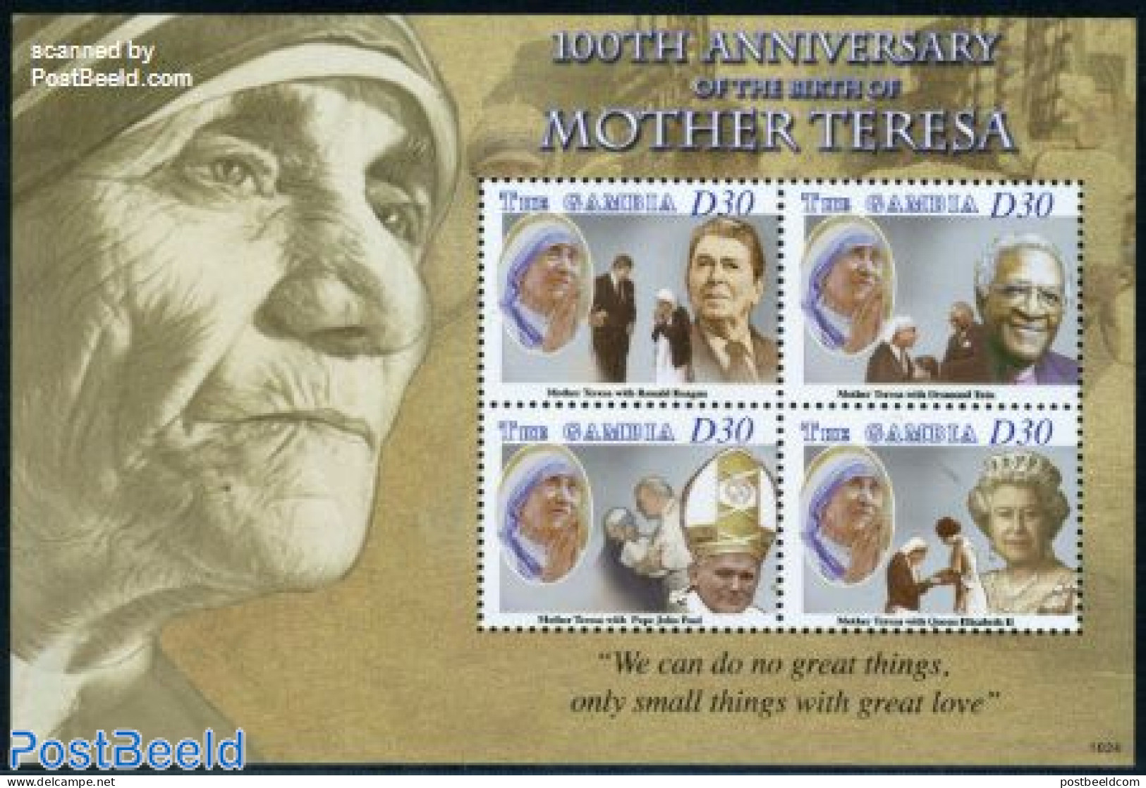 Gambia 2010 Mother Theresa 4v M/s, Mint NH, History - Religion - American Presidents - Kings & Queens (Royalty) - Nobe.. - Familles Royales