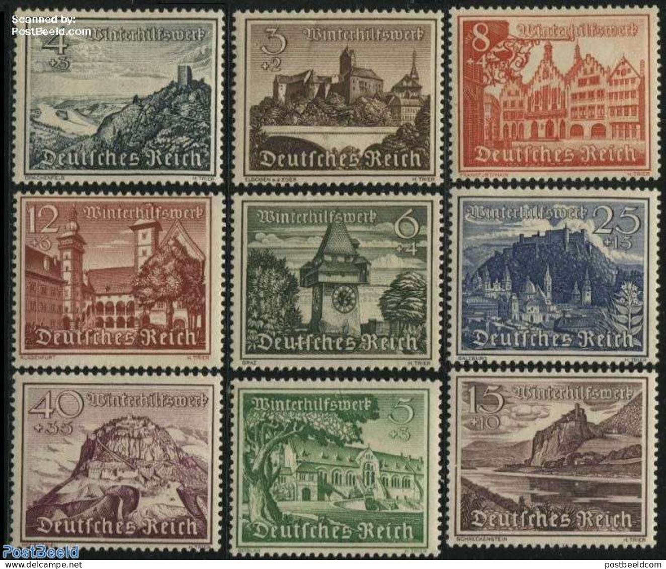 Germany, Empire 1939 Winter Aid 9v, Mint NH, Art - Bridges And Tunnels - Castles & Fortifications - Clocks - Ongebruikt