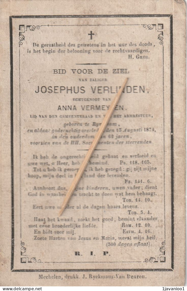 Rijmenam; Rymenam, 1874, Josephus Verlinden, Vermeylen, - Godsdienst & Esoterisme