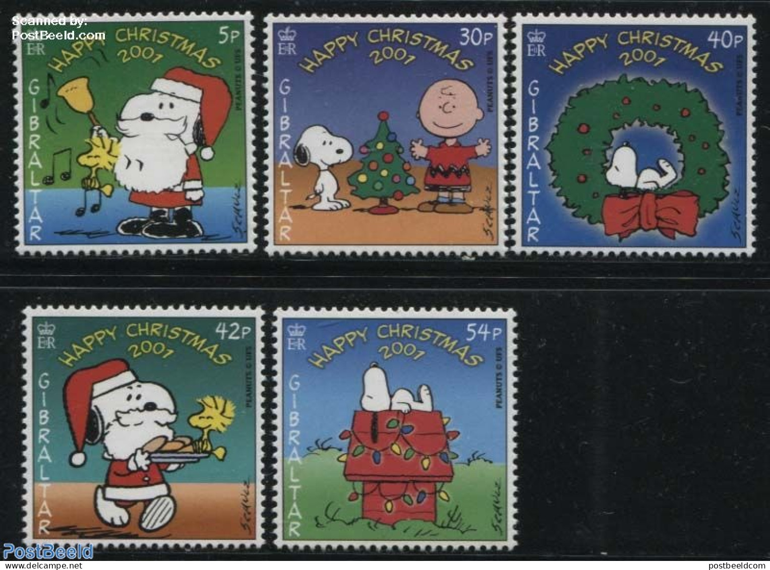 Gibraltar 2001 Christmas, Snoopy 5v, Mint NH, Religion - Christmas - Art - Comics (except Disney) - Noël