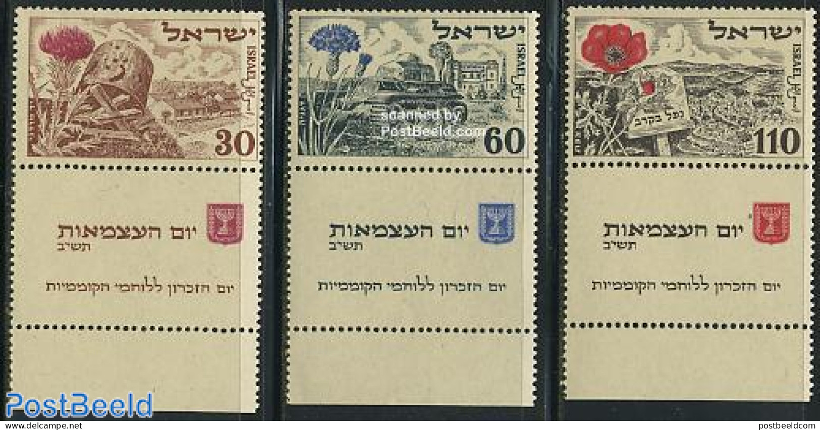 Israel 1952 Independence 3v, Mint NH, Nature - Flowers & Plants - Ongebruikt (met Tabs)