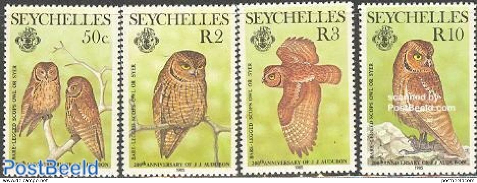 Seychelles 1985 J.J. Audubon, Owls 4v, Mint NH, Nature - Birds - Owls - Sonstige & Ohne Zuordnung