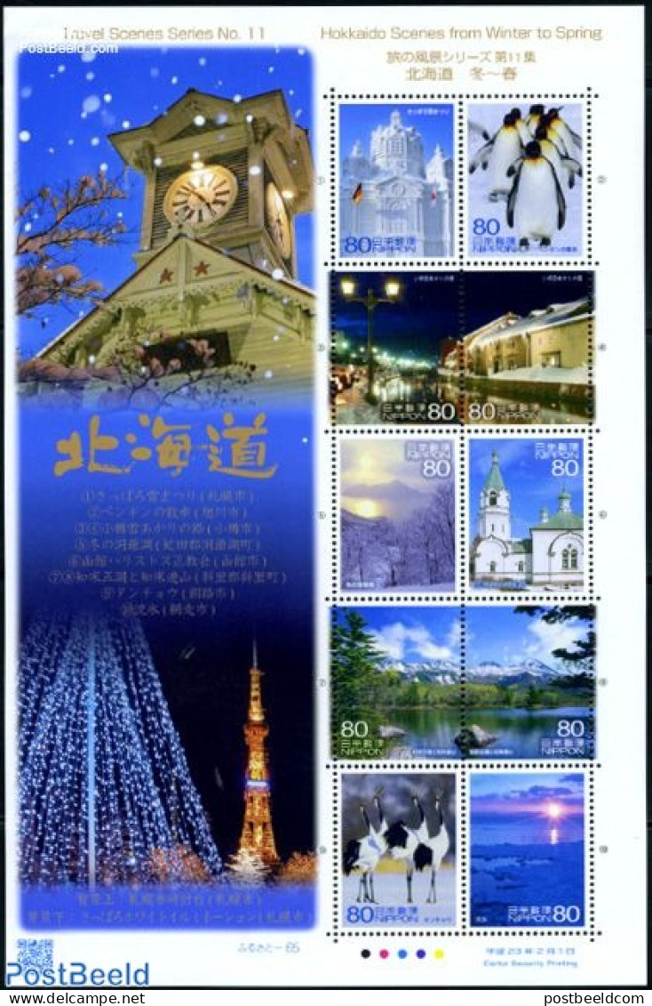 Japan 2011 Travel Scenes No. 11, Hokaido 10v M/s, Mint NH, History - Nature - Sport - Various - Germans - Birds - Peng.. - Unused Stamps