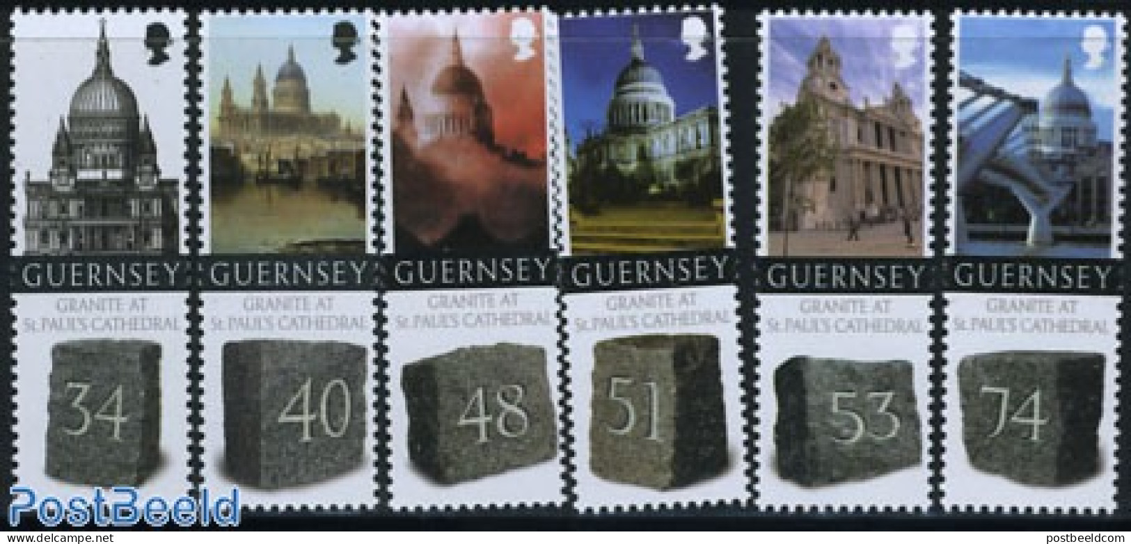 Guernsey 2008 St. Pauls Cathedral 6v (with Granite On Stamps), Mint NH, Religion - Various - Churches, Temples, Mosque.. - Iglesias Y Catedrales