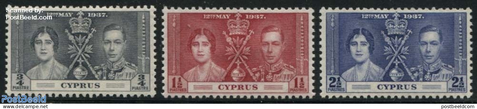 Cyprus 1937 Coronation 3v, Mint NH, History - Kings & Queens (Royalty) - Nuevos