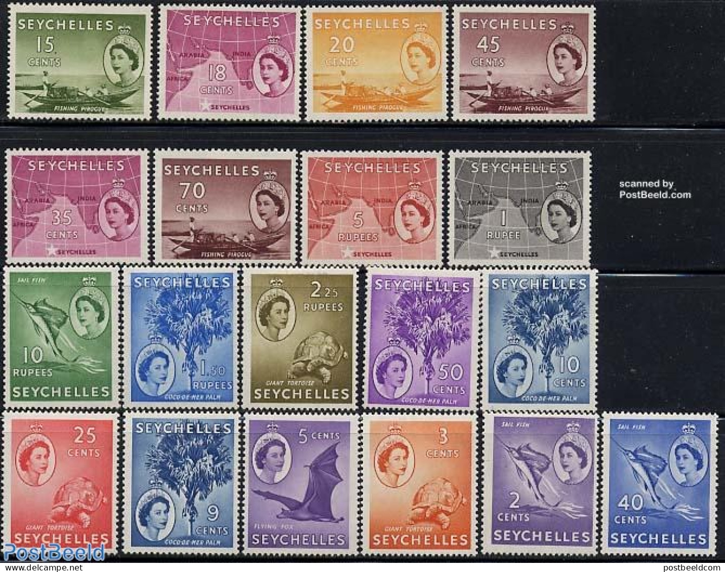 Seychelles 1954 Definitives 19v, Mint NH, Nature - Transport - Various - Animals (others & Mixed) - Bats - Fish - Rept.. - Poissons