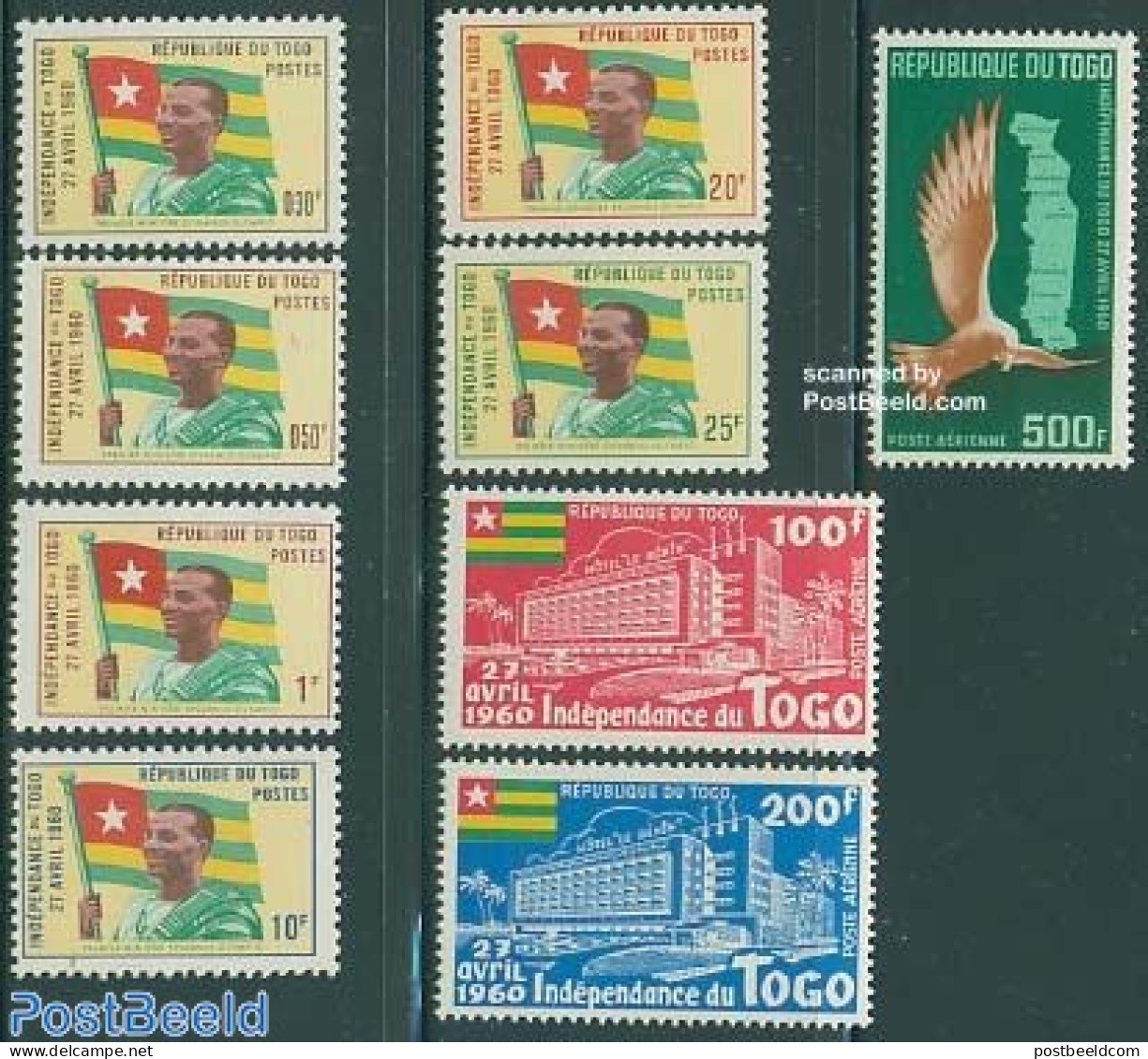 Togo 1960 Independence 9v, Mint NH, History - Nature - Various - Flags - Birds - Birds Of Prey - Maps - Geography