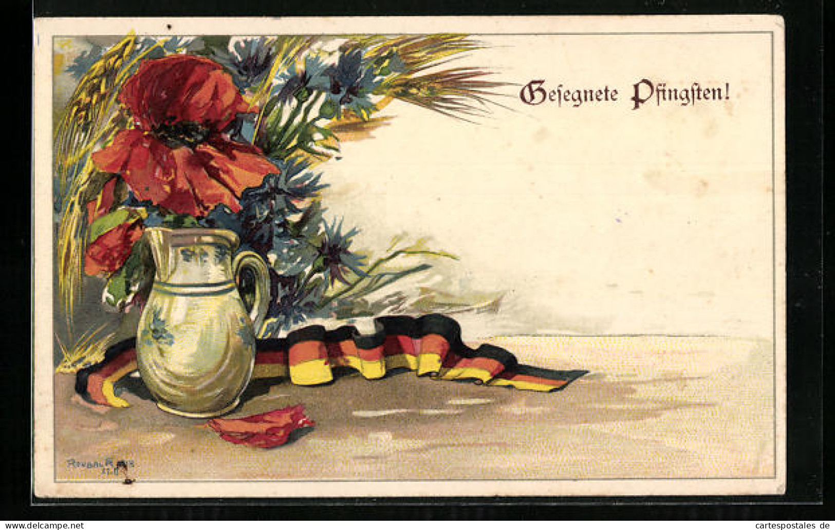 AK Gesegne Pfingsten, Deutschnationaler Verein Für Österreich, Banner Und Mohnblume In Einer Vase  - Otros & Sin Clasificación