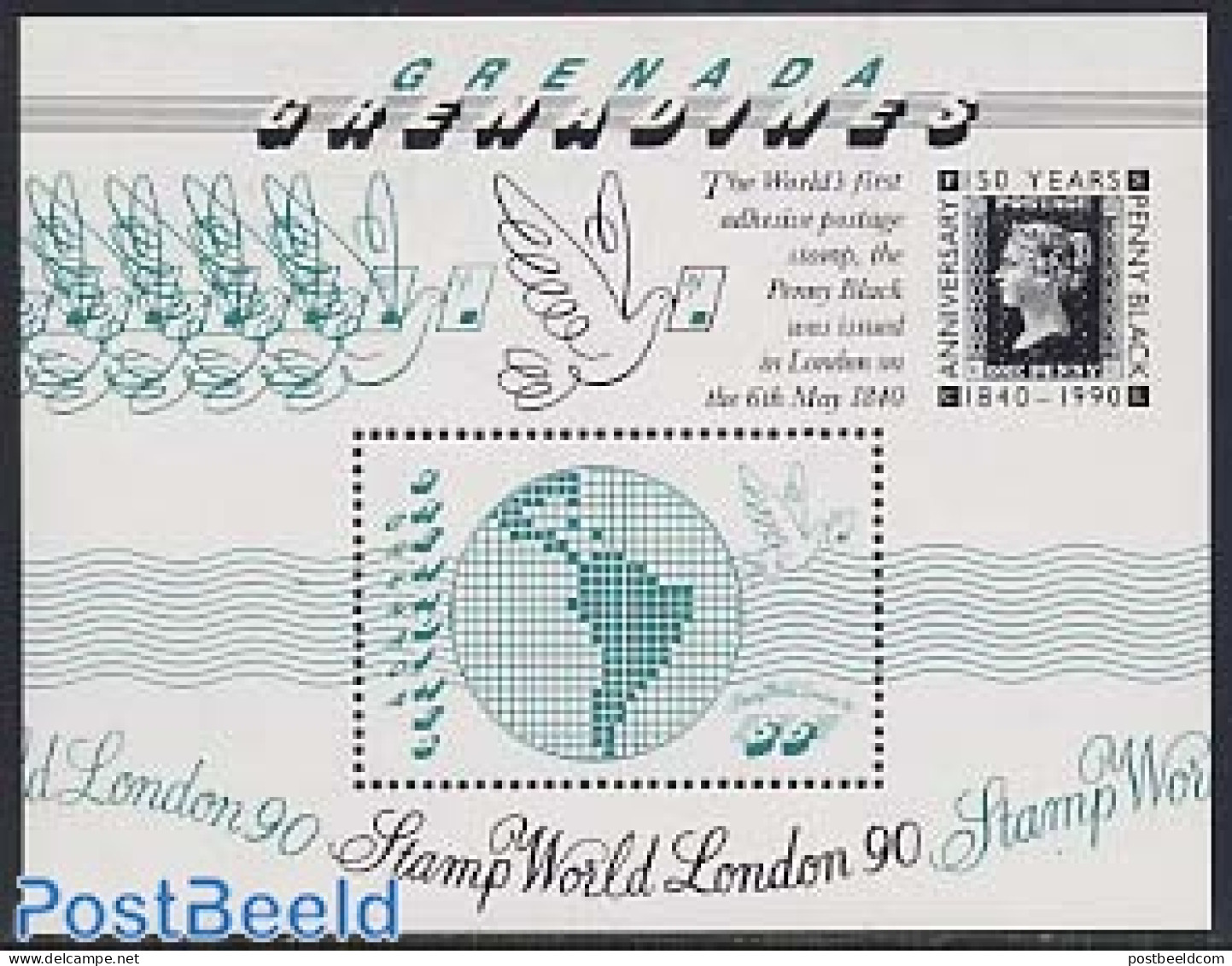 Grenada Grenadines 1990 Stamp World London S/s, Mint NH, Various - Philately - Stamps On Stamps - Maps - Postzegels Op Postzegels
