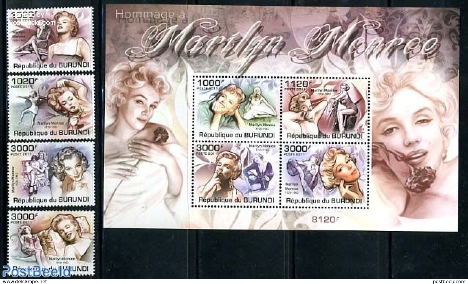 Burundi 2011 Marilyn Monroe 4v + S/s, Mint NH, Health - Performance Art - Smoking & Tobacco - Marilyn Monroe - Movie S.. - Tabak