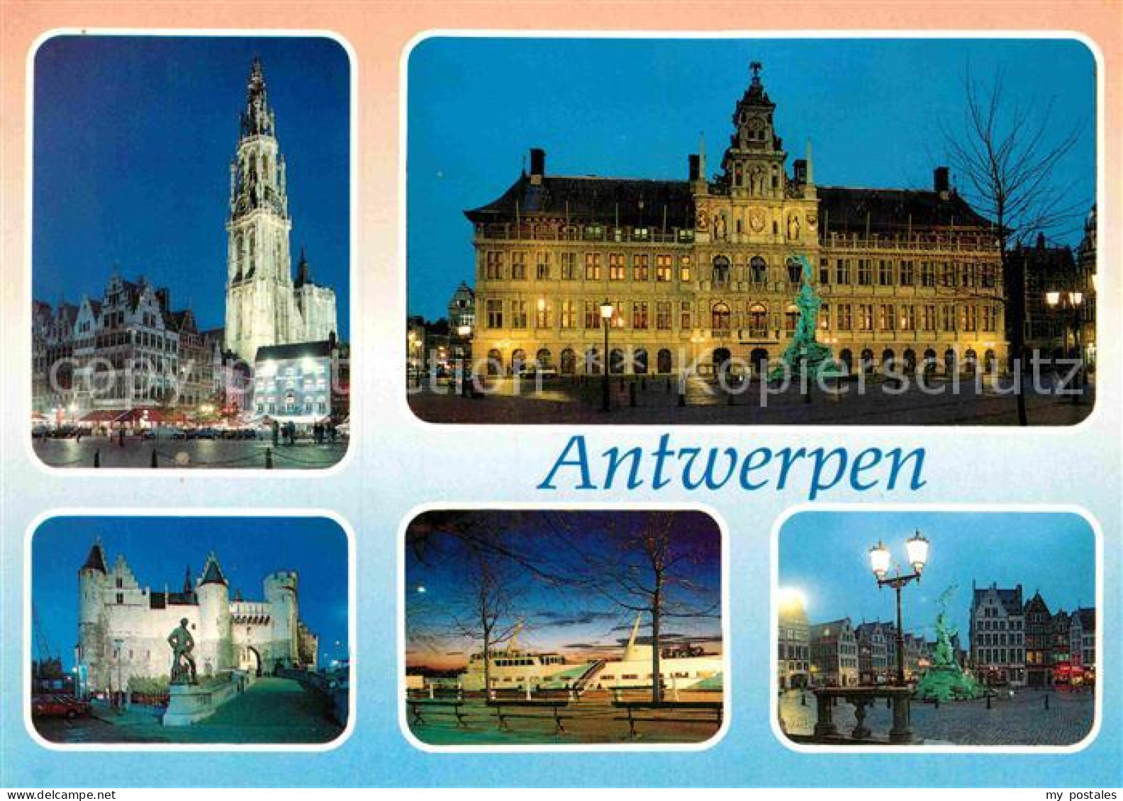 72853734 Antwerpen Anvers Kathedrale Rathaus Burg Steen Faehre Platz Nachtaufnah - Antwerpen
