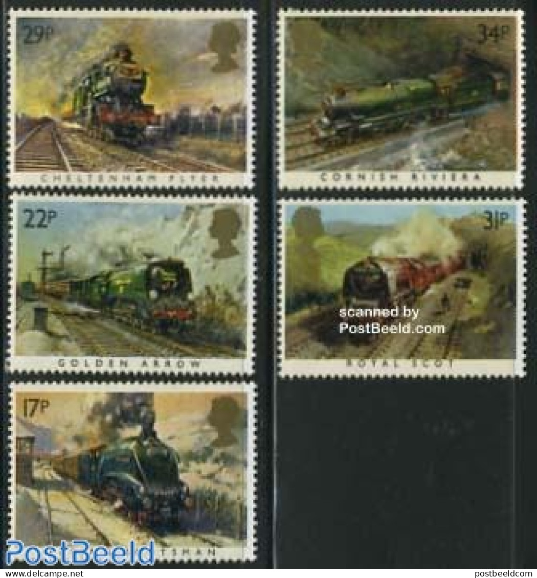 Great Britain 1985 Locomotives 5v, Mint NH, Transport - Railways - Art - Paintings - Nuovi