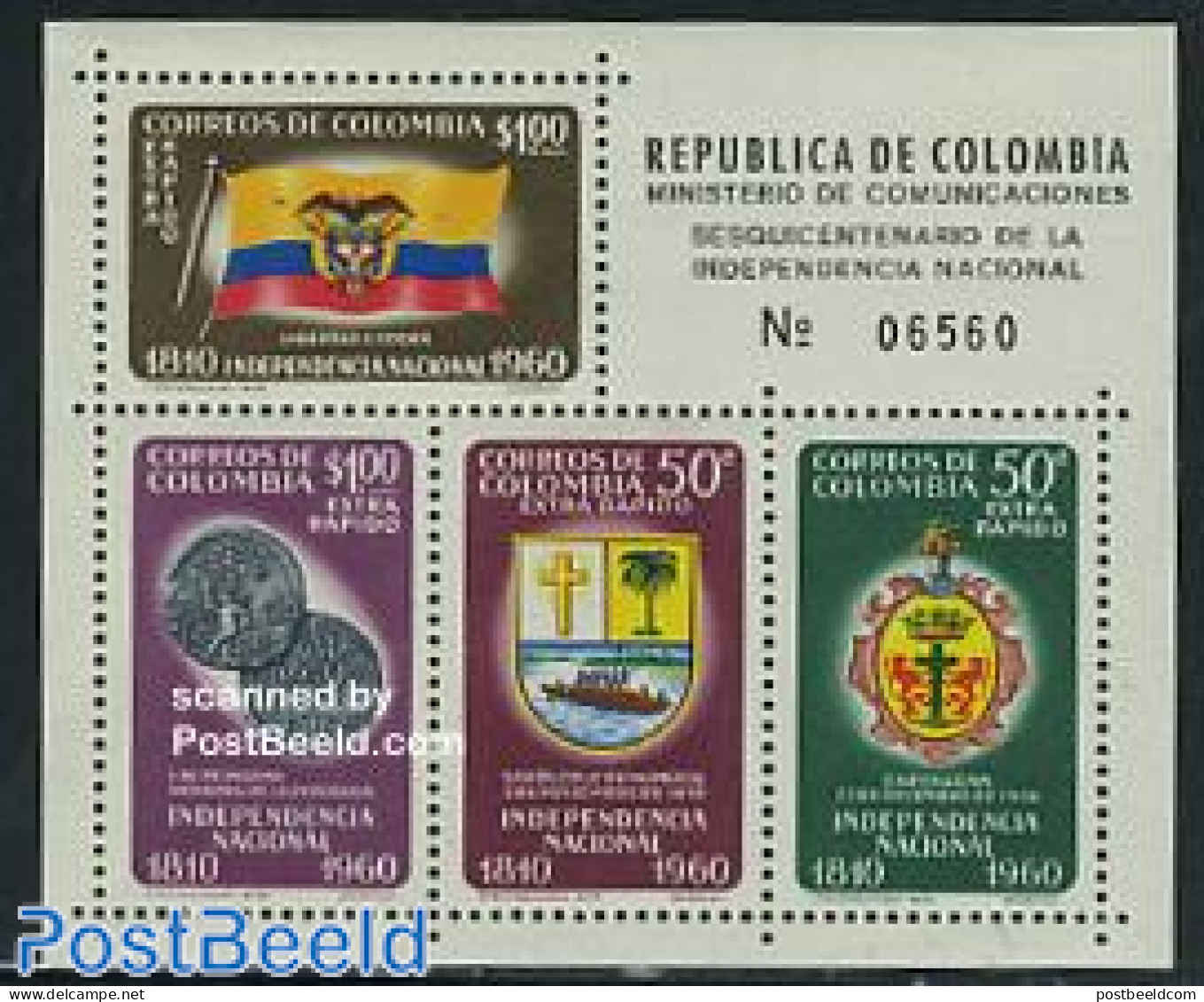 Colombia 1960 150 Years Independence S/s, Mint NH, History - Various - Coat Of Arms - Flags - Money On Stamps - Munten