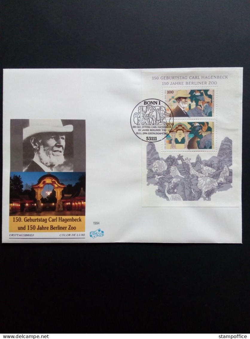 DEUTSCHLAND BLOCK 28 FDC(FIDACOS) CARL HAGENBECK BERLINER ZOO 1994 TIERE STEMPEL BONN - Sonstige & Ohne Zuordnung