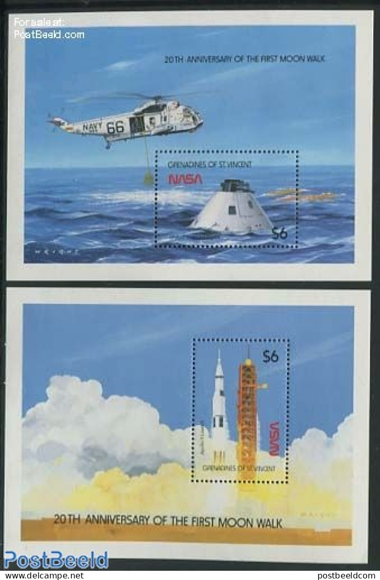 Saint Vincent & The Grenadines 1989 Moonlanding 2 S/s, Mint NH, Transport - Space Exploration - St.Vincent & Grenadines