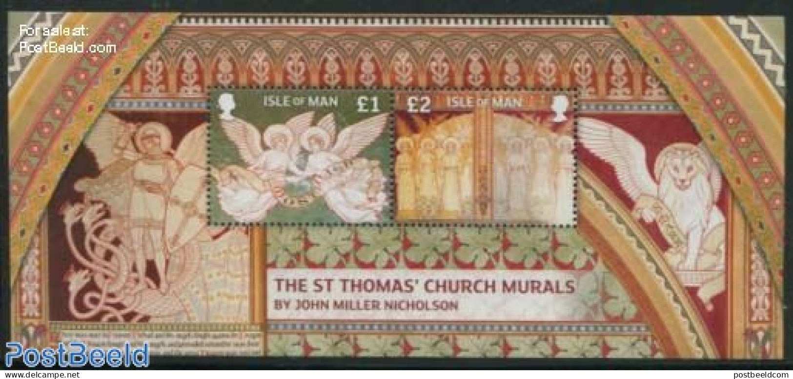 Isle Of Man 2013 St Thomas Church Murals S/s, Mint NH, Religion - Angels - Churches, Temples, Mosques, Synagogues - Re.. - Cristianismo