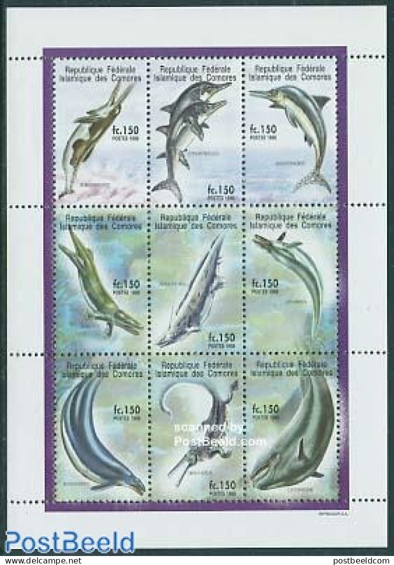 Comoros 1998 Preh. Animals 9v M/s (9x150F), Mint NH, Nature - Prehistoric Animals - Prehistorics