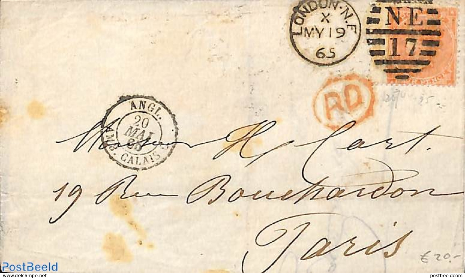 Great Britain 1865 Folding Letter From London To Paris, Postal History - Autres & Non Classés