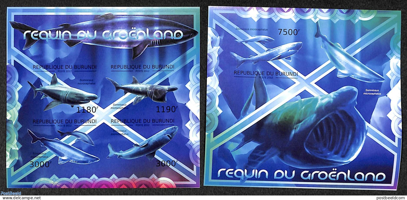 Burundi 2012 Sharks In Greenland  2 S/s, Imperforated, Mint NH, Nature - Fish - Sharks - Peces