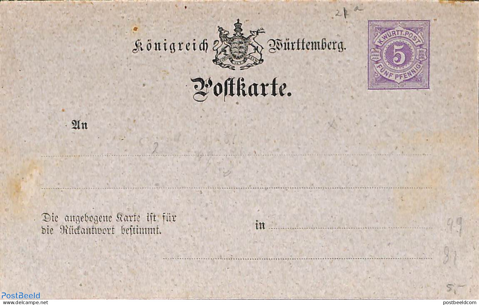 Germany, Wurtemberg 1875 Reply Paid Postcard 5/5pf, Unused Postal Stationary - Autres & Non Classés