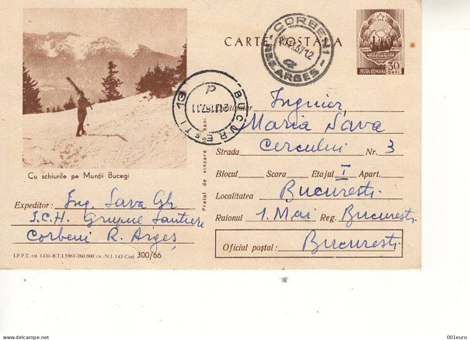 ROMANIA 300y1966: SKIING IN MOUNTAINS BUCEGI, Used Prepaid Postal Stationery Card - Registered Shipping! - Postwaardestukken