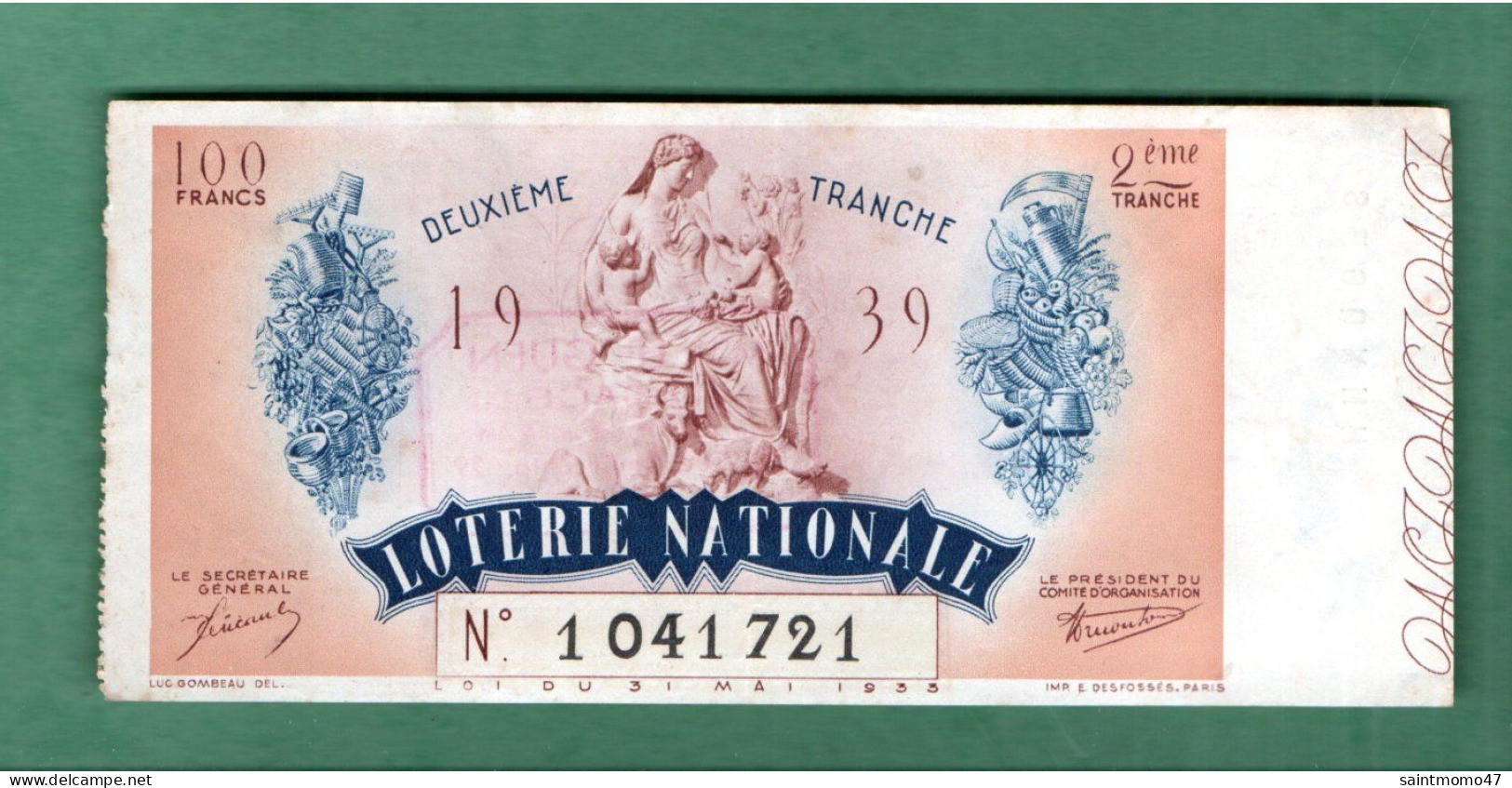 FRANCE . LOTERIE NATIONALE . " Mme LE GUEN TABAC BREST " . 1939 - Ref. N°13021 - - Lotterielose