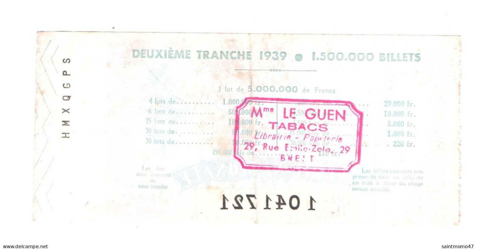 FRANCE . LOTERIE NATIONALE . " Mme LE GUEN TABAC BREST " . 1939 - Ref. N°13021 - - Billets De Loterie