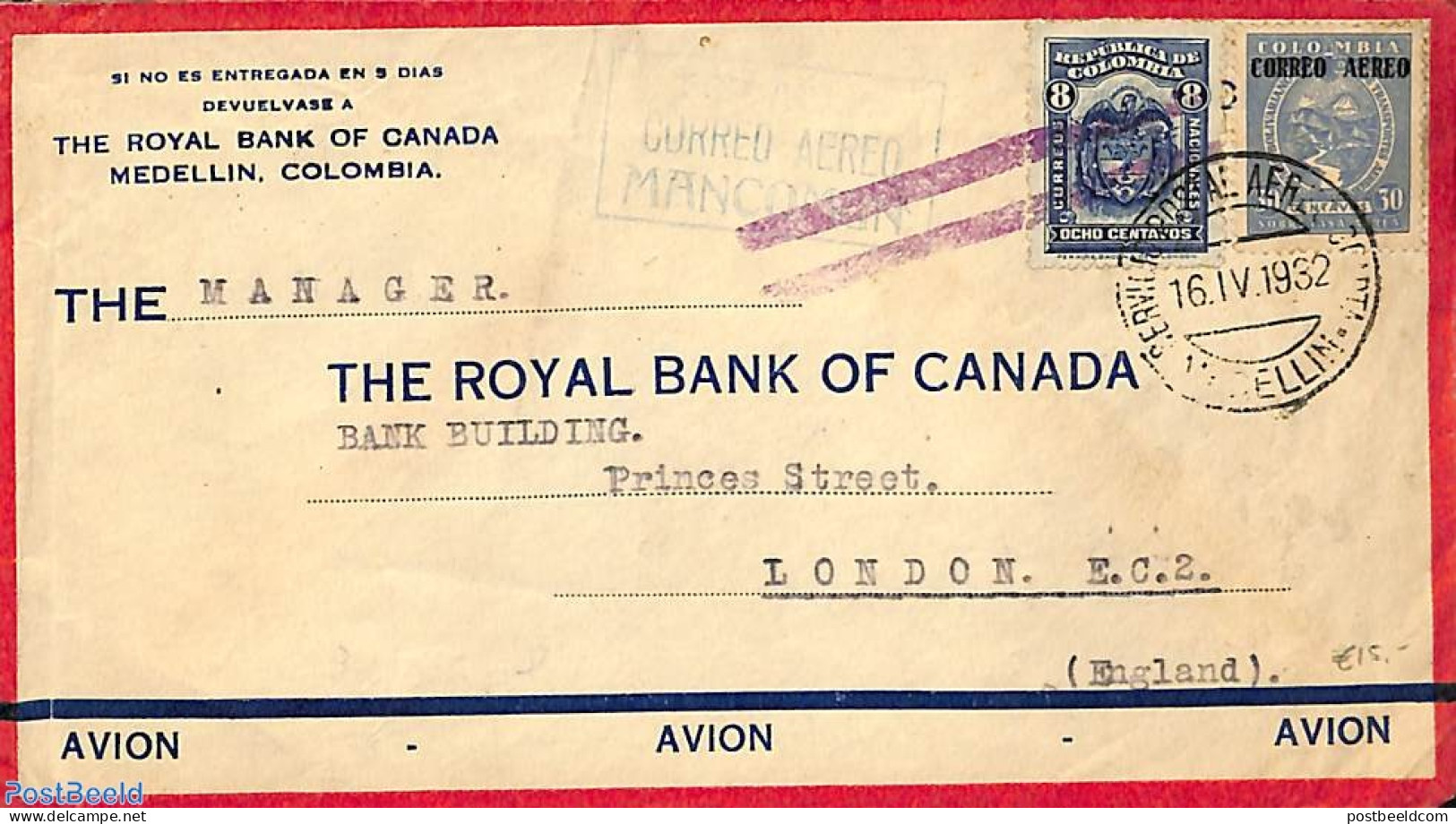 Colombia 1932 Airmail Letter To London, Postal History - Colombia