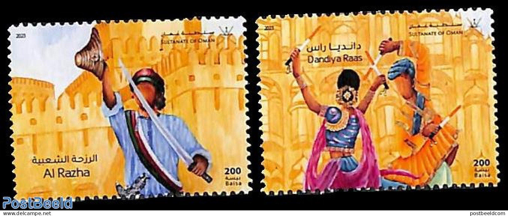 Oman 2023 Folk Dance 2v, Joint Issue India, Mint NH, Performance Art - Various - Dance & Ballet - Joint Issues - Dans